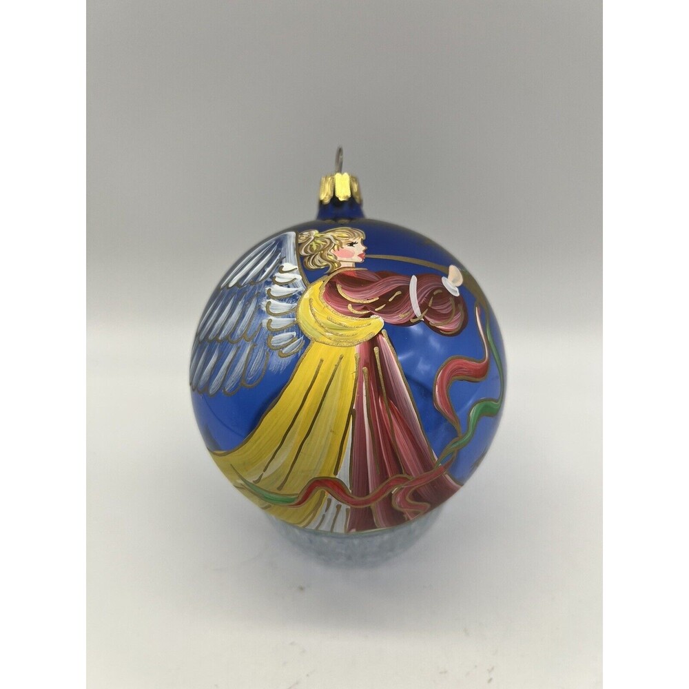 Vtg Handcrafted Painted ITALY Blown Glass CHRISTMAS Ball Ornament ANGEL Blue